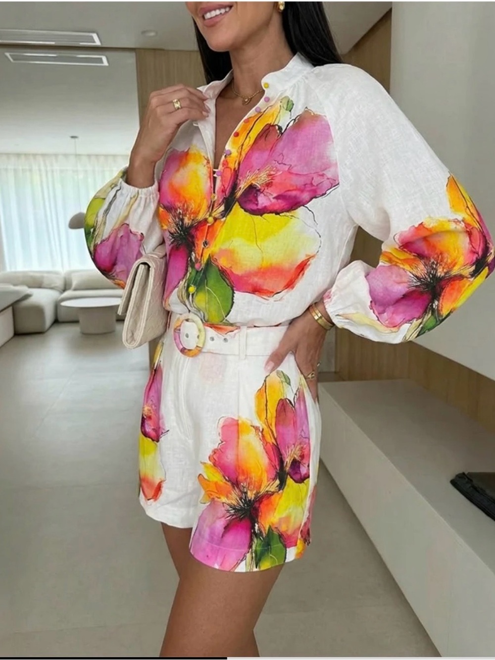 White Floral Belted Short Set -Pink & Yellow Bloom - Picture 2 of 5